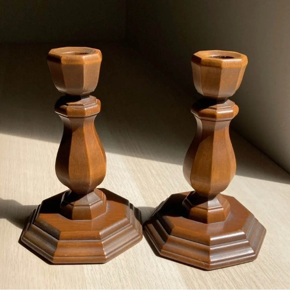 Set of 2 Vintage Classic Octagon Brown Wooden Candle Holders with Turned Design